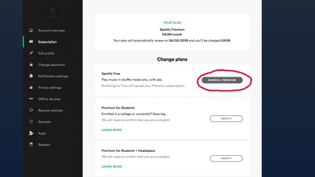 how to cancel spotify premium without email